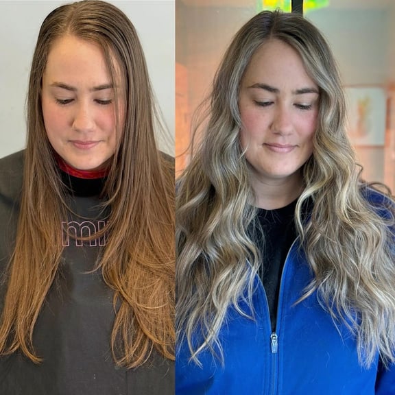 a before and after of natural hair to full transformation blonde hair cool toned